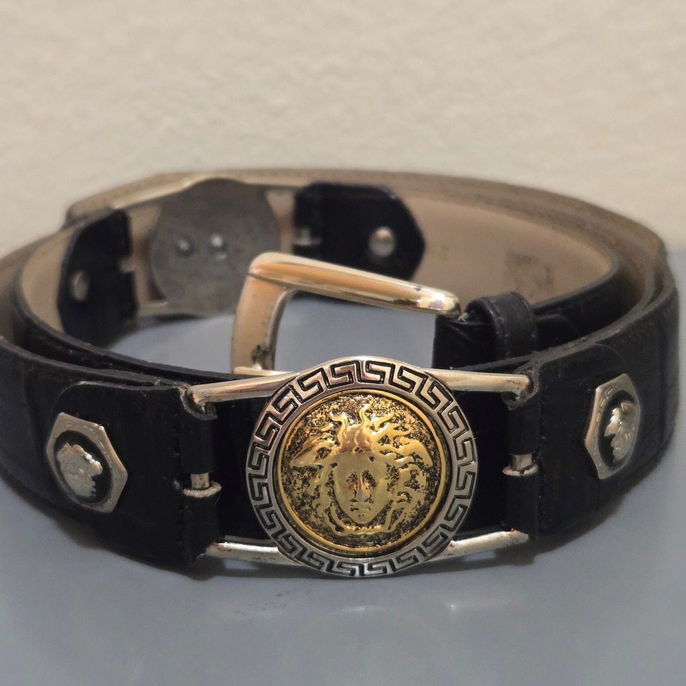 Vintage Code Azure Belt Mens 38 Black Genuine Leather Medusa Head Made in Italy